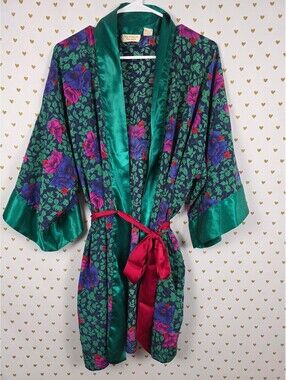 Vintage Victoria's Secret Gold Label Floral Satin Kimono Robe Green Jewel Tone